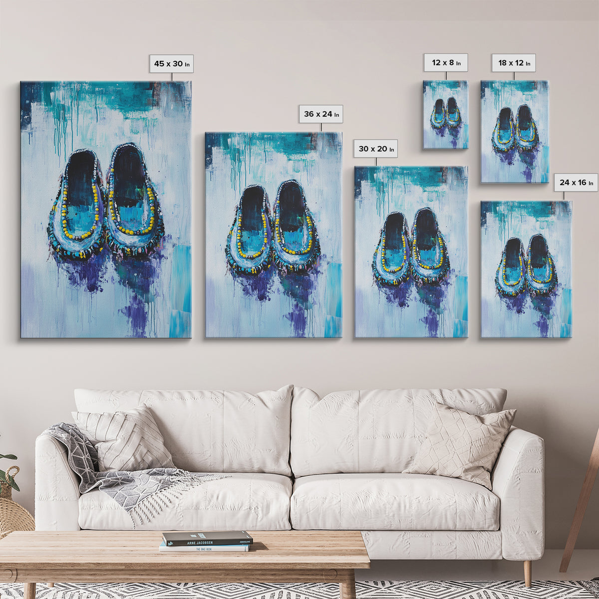 Blue Moccasins, boho art, whimsical art, teal wall art, folk art, rustic art, gift idea for her, original painting, canvas print