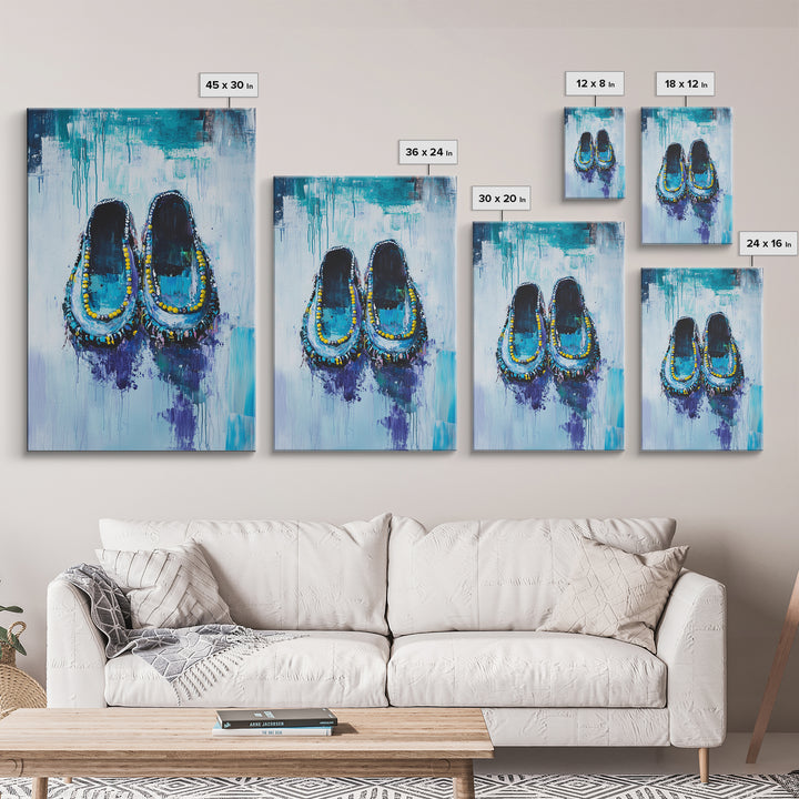 Blue Moccasins, boho art, whimsical art, teal wall art, folk art, rustic art, gift idea for her, original painting, canvas print
