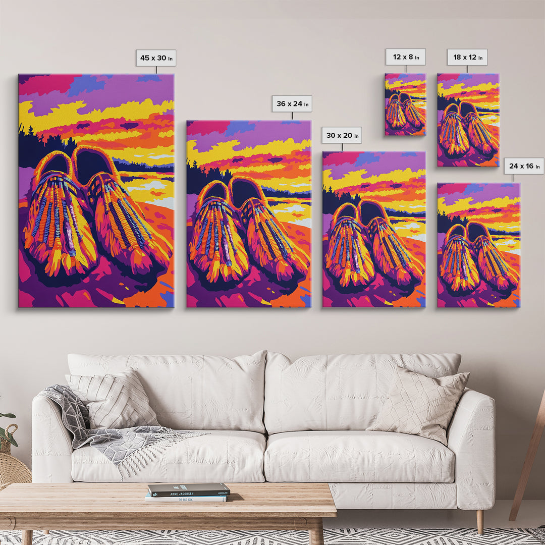 Beaded Moccasins Art, Southwest Wall Art, Pink Orange Wall Art, Boho Western Art, Framed Canvas Print, Rustic Home Decor
