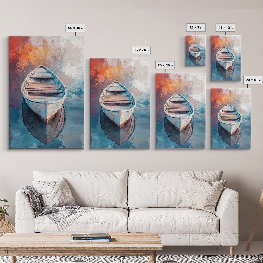 Rowboat Painting, Nautical Wall Art, Coastal Landscape Art, Rustic Water Scene, Framed Canvas Print, Lakehouse Decor, Gift Idea