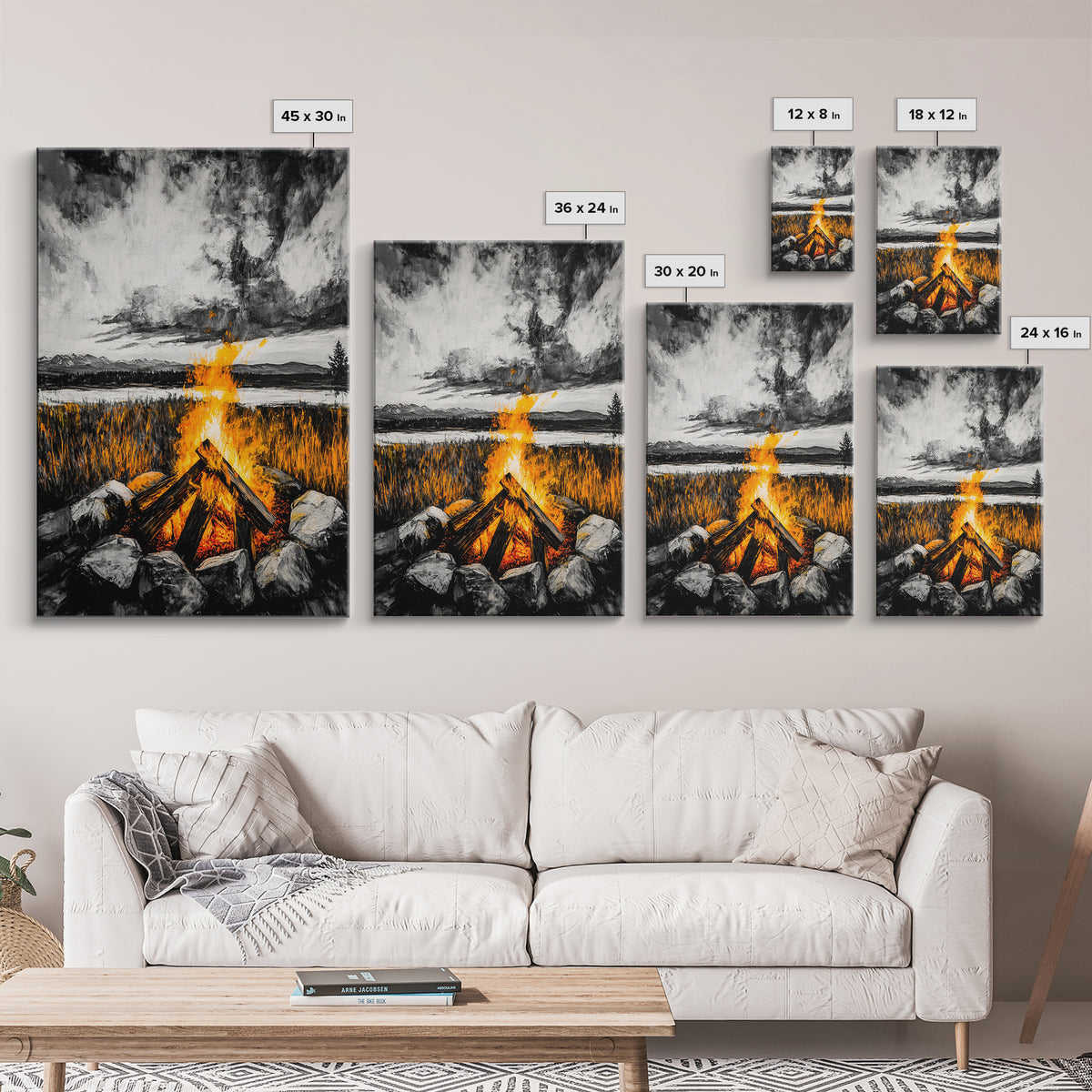 Campfire Painting, Moody Art, Rustic Wall Decor, Fire Pit Artwork, Black White Orange Art, Framed Canvas Print, Cabin Wall Art