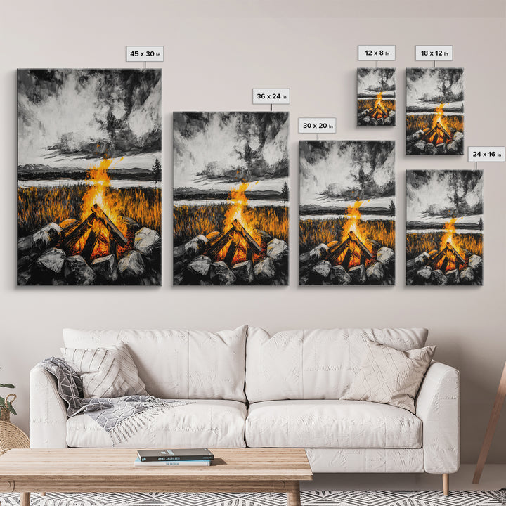 Campfire Painting, Moody Art, Rustic Wall Decor, Fire Pit Artwork, Black White Orange Art, Framed Canvas Print, Cabin Wall Art