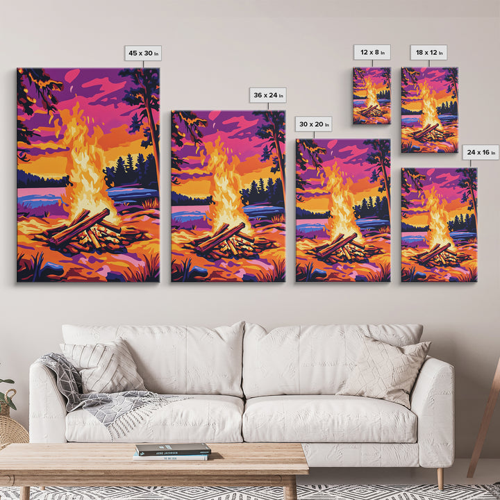 Campfire Scene, Autumn Wall Art, Rustic Decor, Canvas Print, Landscape Painting, Cozy Art, Outdoor Adventure, Gift Idea, Boho Art