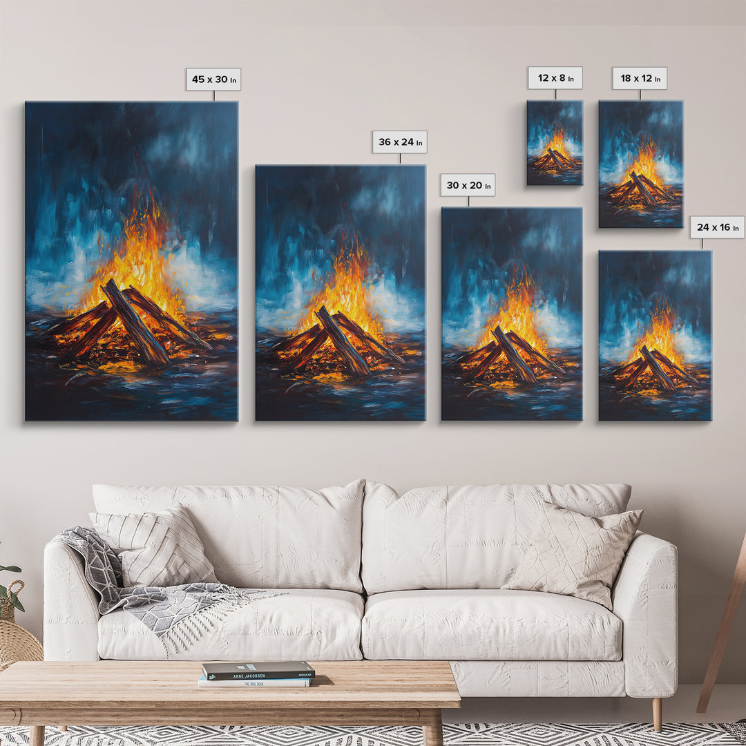 Bonfire Night, Moody Art, Rustic Decor, Canvas Print, Fire Art, Dark Romance Painting, Fall Wall Art, Cozy Living Room Art, Gift Idea