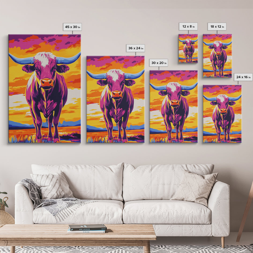 Pop Art Cow, Pink Orange Wall Art, Southwest Wall Art, Canvas Print, Rustic Decor, Farmhouse Art, Living Room Art, Bold Wall Art
