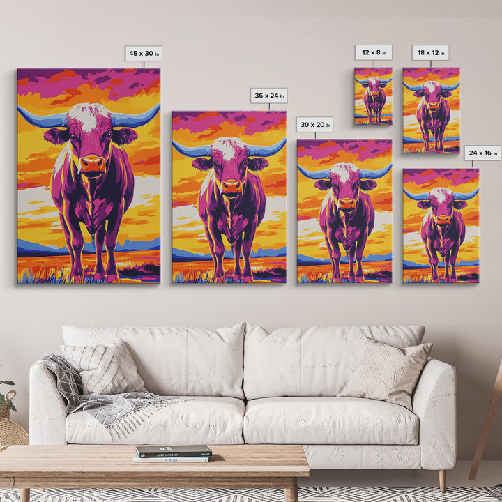 Pop Art Cow, Pink Orange Wall Art, Southwest Wall Art, Canvas Print, Rustic Decor, Farmhouse Art, Living Room Art, Bold Wall Art
