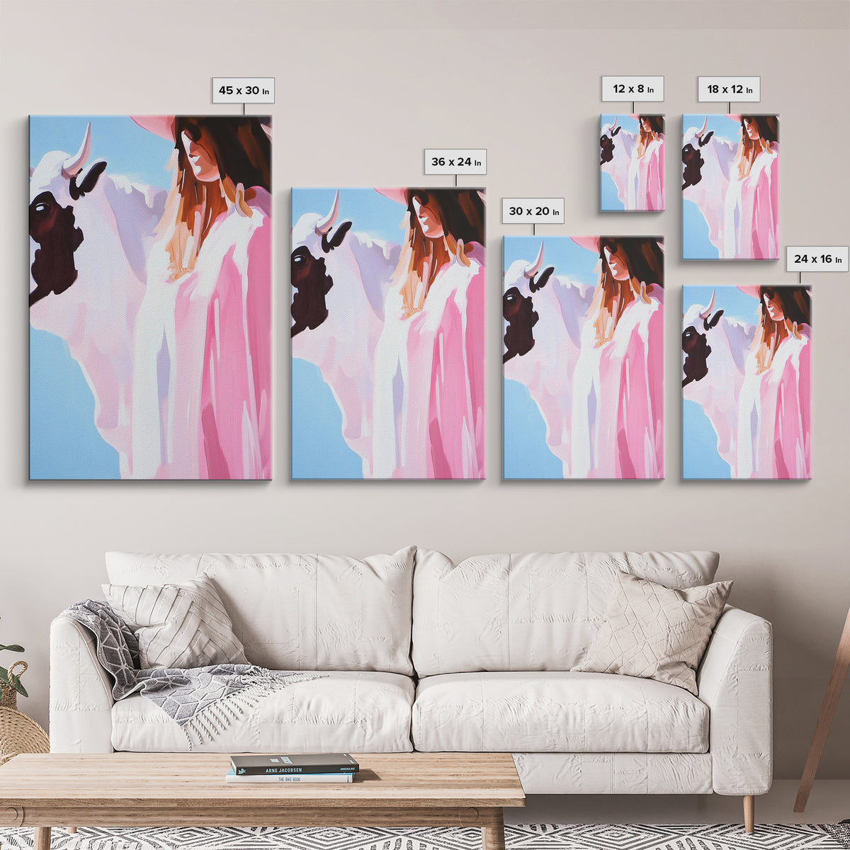 Cowgirl and Cow, black cowgirl painting, coastal cowgirl wall art, western decor, gift idea for her, boho art, light pink wall art, Canvas Print