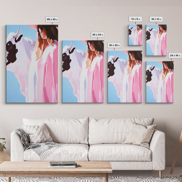 Cowgirl and Cow, black cowgirl painting, coastal cowgirl wall art, western decor, gift idea for her, boho art, light pink wall art, Canvas Print