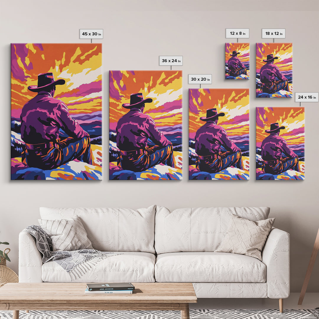 Cowboy at Sunset, western decor, southwest wall art, pink orange wall art, gift idea for him, moody art, panoramic art, Canvas Print
