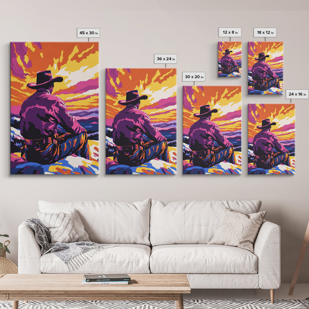 Cowboy at Sunset, western decor, southwest wall art, pink orange wall art, gift idea for him, moody art, panoramic art, Canvas Print