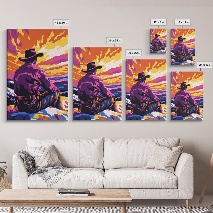 Cowboy at Sunset, western decor, southwest wall art, pink orange wall art, gift idea for him, moody art, panoramic art, Canvas Print