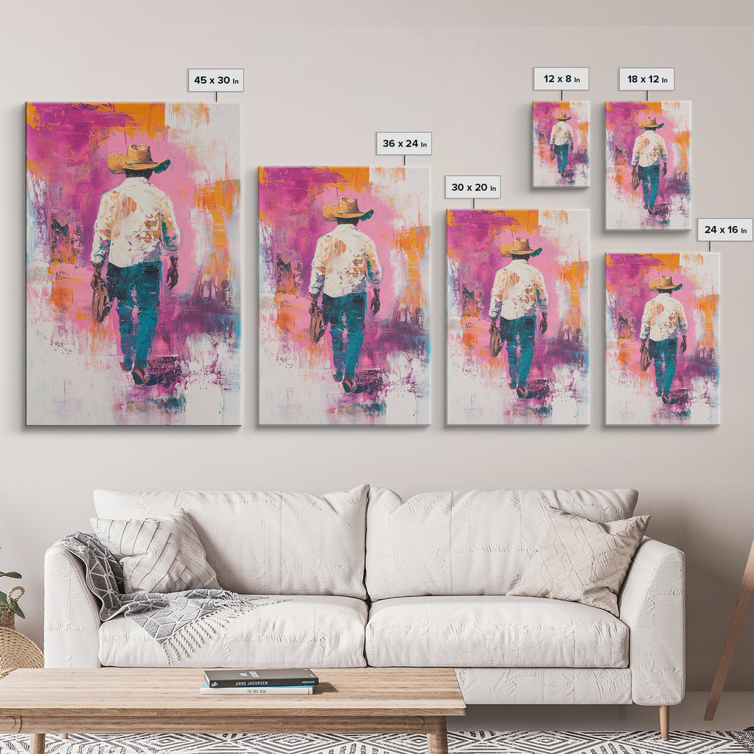 Cowboy Walking, chicano art, western aesthetic, rustic wall art, farmhouse art, moody art, bold colors, Framed Canvas Print