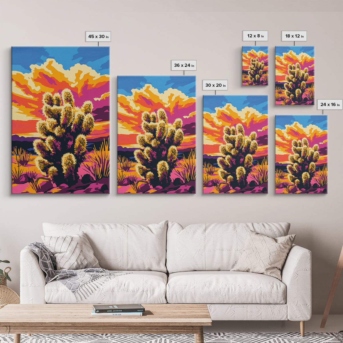 Sunset Cactus, Joshua tree art, pink orange wall art, southwest wall art, gift idea for him, extra wide art, bold colors, Framed Canvas Print