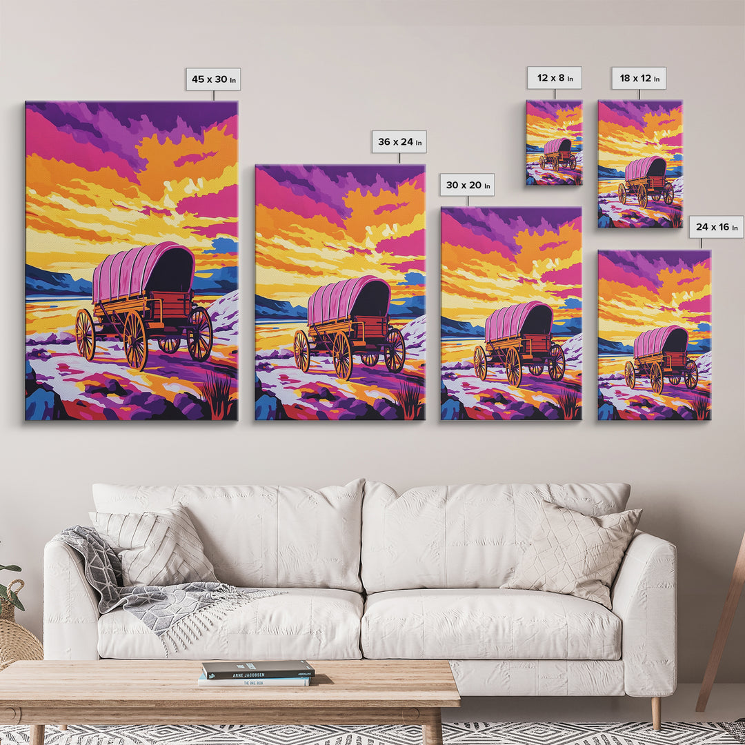 Colorful Wagon, pink orange wall art, landscape painting, southwest wall art, farmhouse art, boho art, framed canvas print, above bed art