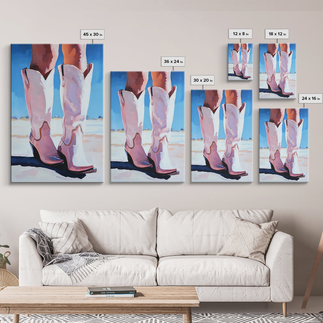 Cowgirl Boots, coastal cowgirl wall art, pink abstract art, rustic art, fashion painting, boho art, framed canvas print, gift idea