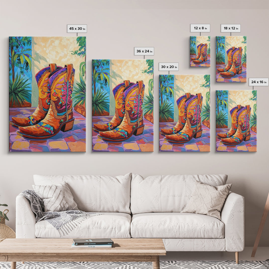 Painted Boots, coastal cowgirl wall art, vibrant rustic decor, colorful western art, cowboy art, southwest wall art, framed canvas print, gift idea