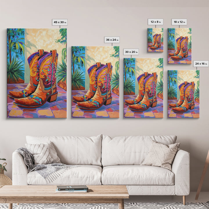 Painted Boots, coastal cowgirl wall art, vibrant rustic decor, colorful western art, cowboy art, southwest wall art, framed canvas print, gift idea