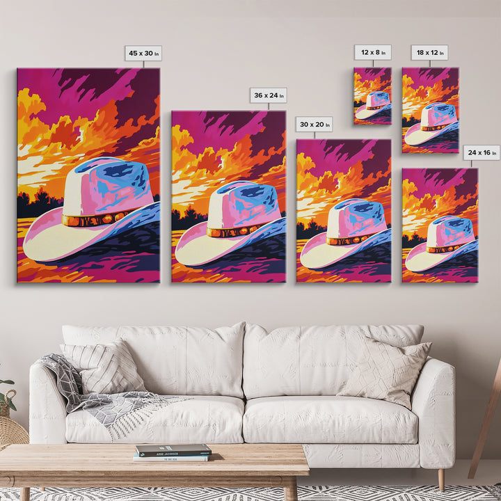 Cowboy Hat, Sunset Art, Rustic Wall Art, Pink Orange Wall Art, Canvas Print, Western Decor, Farmhouse Art, Above Couch Art