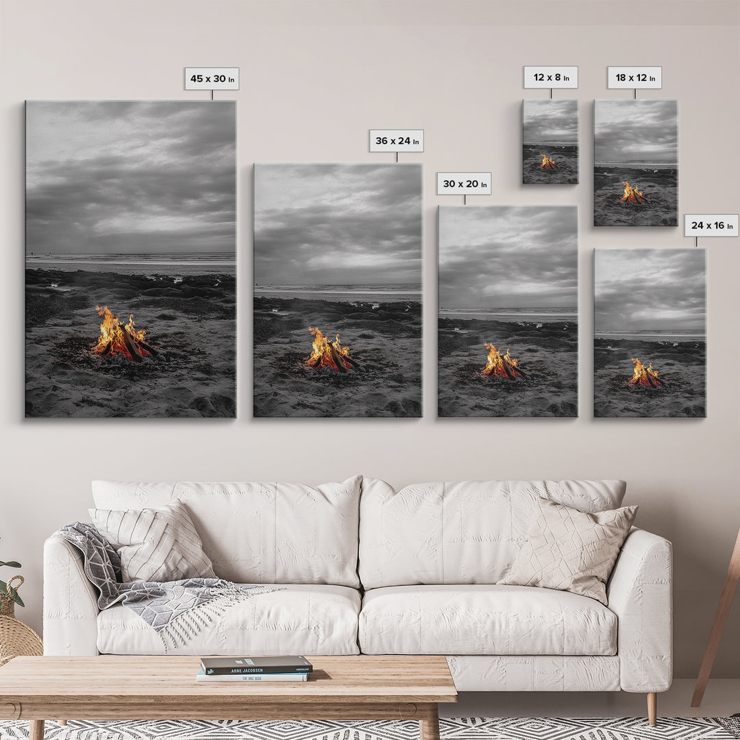 Beach bonfire, coastal art, ocean sunset, framed canvas print, nautical decor, seascape painting, cozy fire, moody beach art, fall vibes