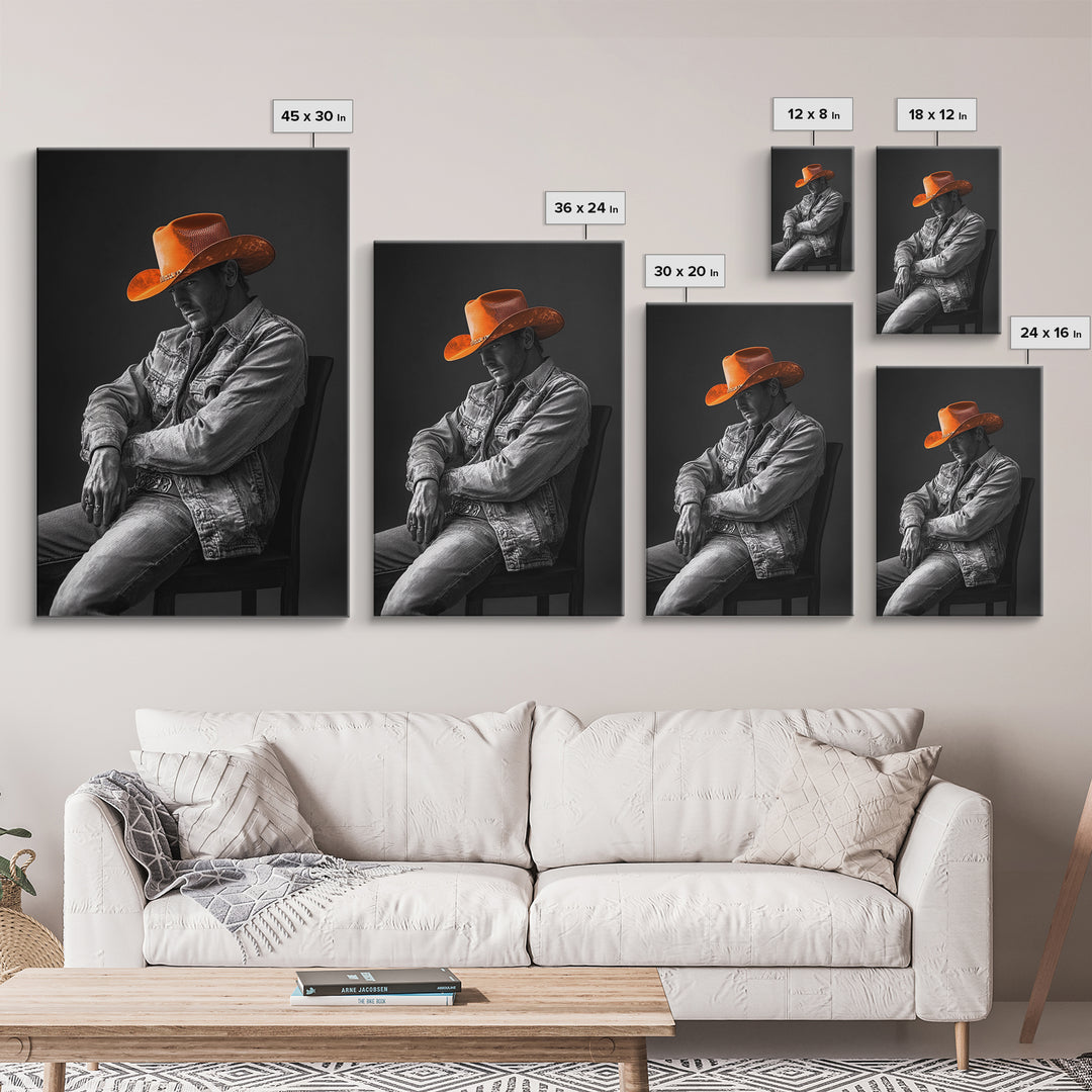 Cowboy portrait, rustic art, western style, framed canvas print, country decor, cowboy hat, moody photography, black and white wall art