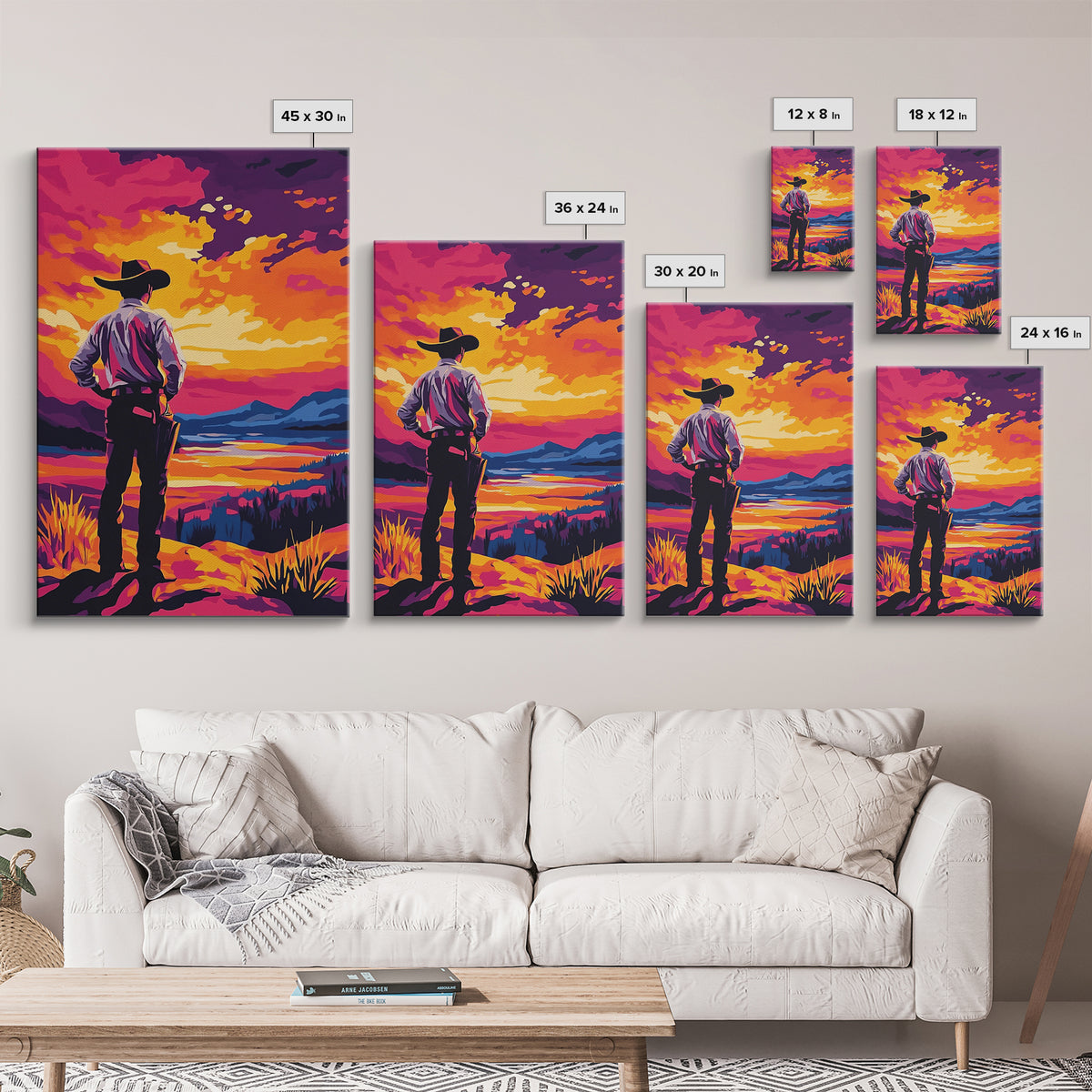 Cowboy at Sunset, pink orange wall art, Joshua tree art, southwest wall art, framed canvas print, landscape painting, moody art
