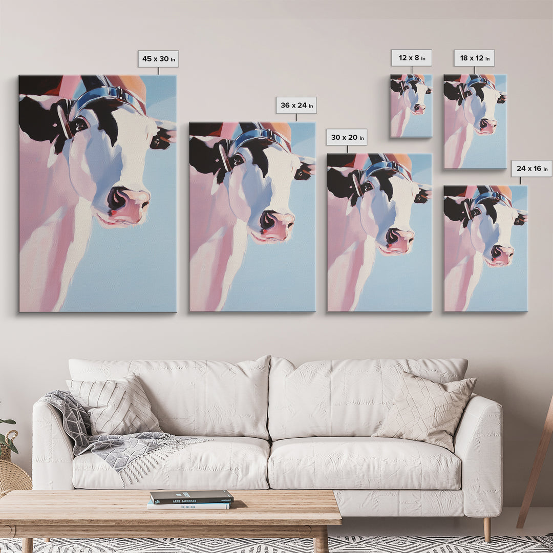 Cow with Hat, farmhouse art, black cowgirl painting, rustic decor, framed canvas print, whimsical art, light pink wall art
