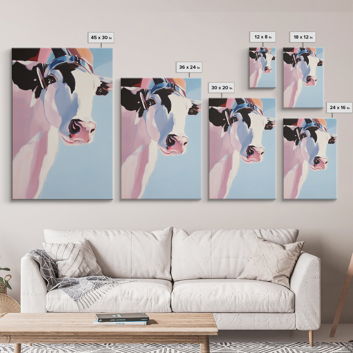 Cow with Hat, farmhouse art, black cowgirl painting, rustic decor, framed canvas print, whimsical art, light pink wall art