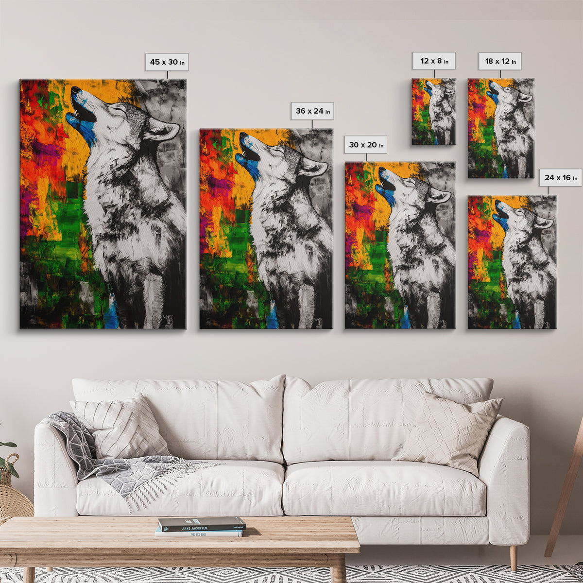 Black and White Wolf, graffiti wall art, rustic decor, moody art, southwest wall art, framed canvas print, dark romance painting