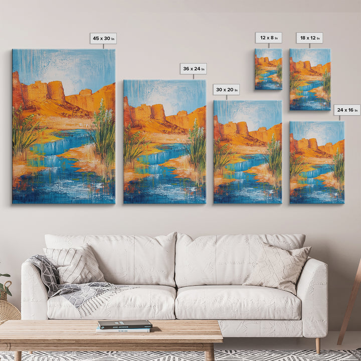 Desert Oasis, vivid landscape, blue water, rustic nature art, warm tones, panoramic painting, framed canvas print, southwest wall art