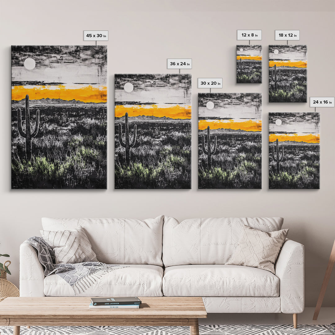 Cactus Sunset, black and white, moody desert art, yellow skyline, Joshua tree art, framed canvas print, extra wide art, rustic decor