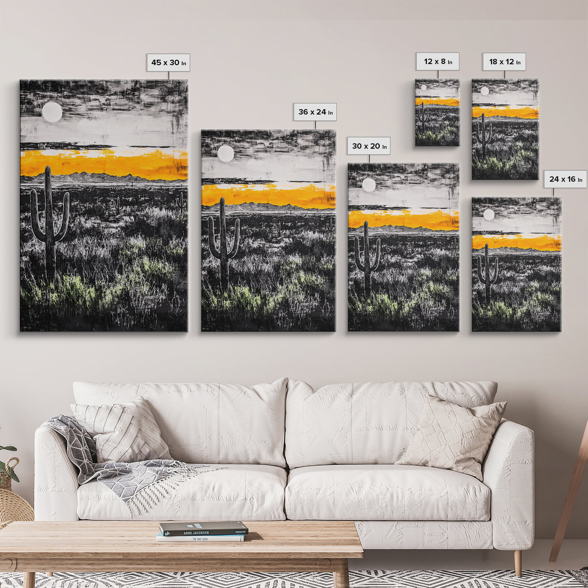 Cactus Sunset, black and white, moody desert art, yellow skyline, Joshua tree art, framed canvas print, extra wide art, rustic decor