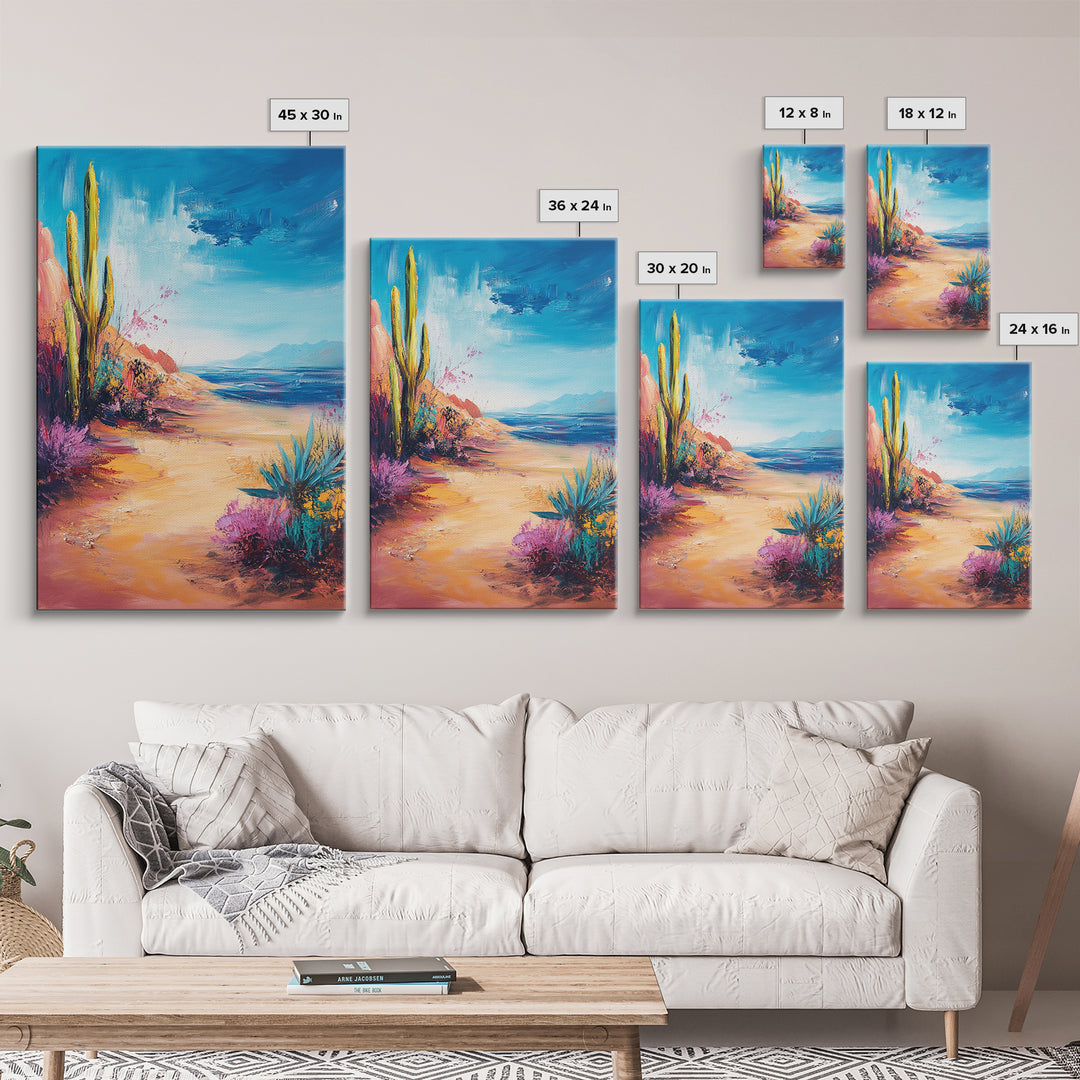 Beach Cactus, coastal landscape, vibrant colors, blue sky, desert meets sea, framed canvas print, coastal cowgirl wall art, boho art
