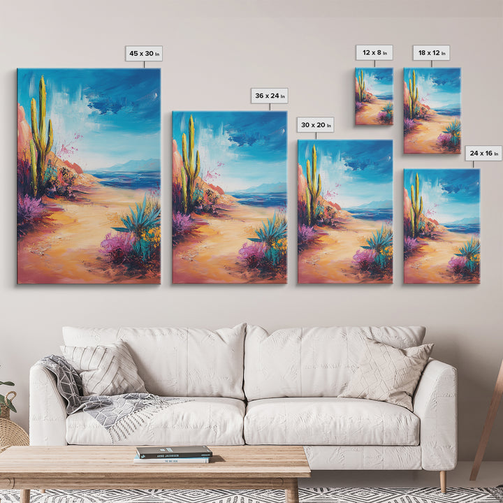 Beach Cactus, coastal landscape, vibrant colors, blue sky, desert meets sea, framed canvas print, coastal cowgirl wall art, boho art
