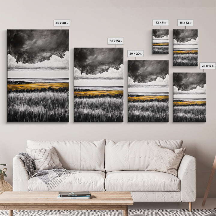 Moody Landscape, dramatic clouds, black and white, gold fields, panoramic art, rustic decor, framed canvas print, extra wide art