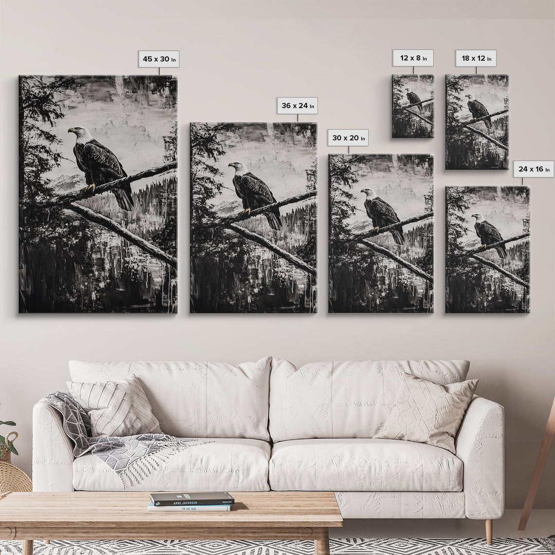 Bald Eagle, majestic bird, black and white, rustic decor, wildlife painting, nature art, framed canvas print, farmhouse wall art