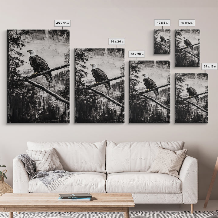 Bald Eagle, majestic bird, black and white, rustic decor, wildlife painting, nature art, framed canvas print, farmhouse wall art
