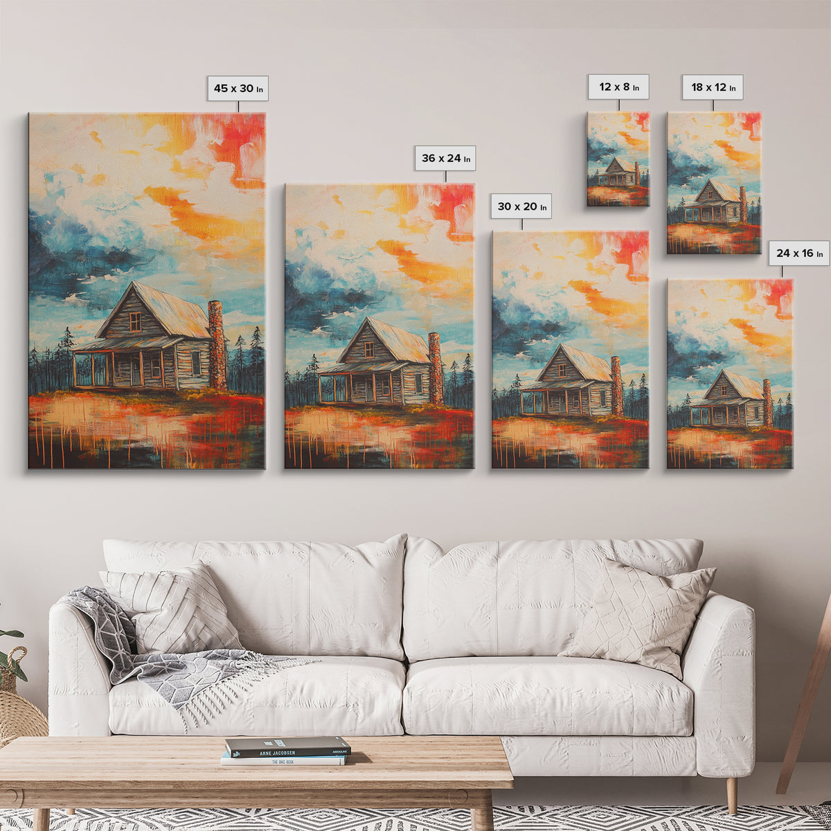 Cabin Painting, Autumn Landscape, Framed Canvas Print, rustic decor, mountain painting, landscape painting, smoky mountain art, extra wide art