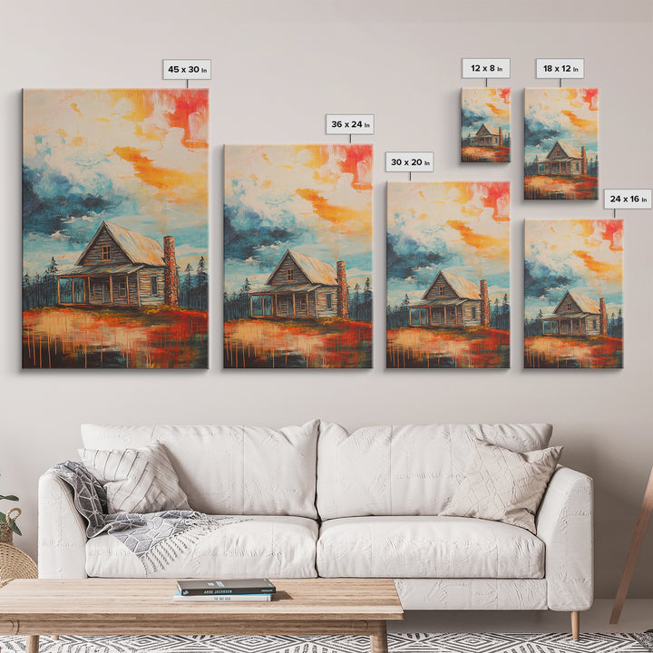 Cabin Painting, Autumn Landscape, Framed Canvas Print, rustic decor, mountain painting, landscape painting, smoky mountain art, extra wide art