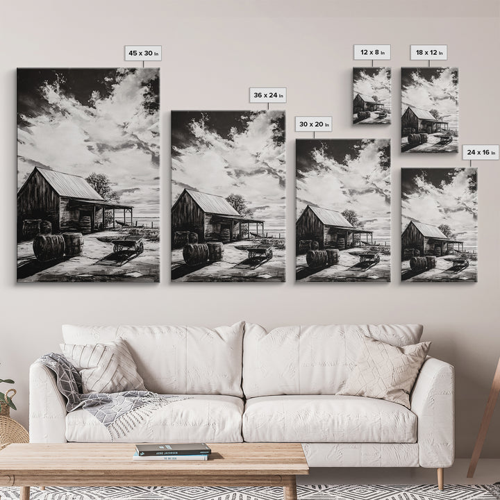 Vintage Barn, Rustic Landscape, Canvas Print, farmhouse art, rustic wall art, barn landscape oil painting, moody art, above couch art, wabi sabi art