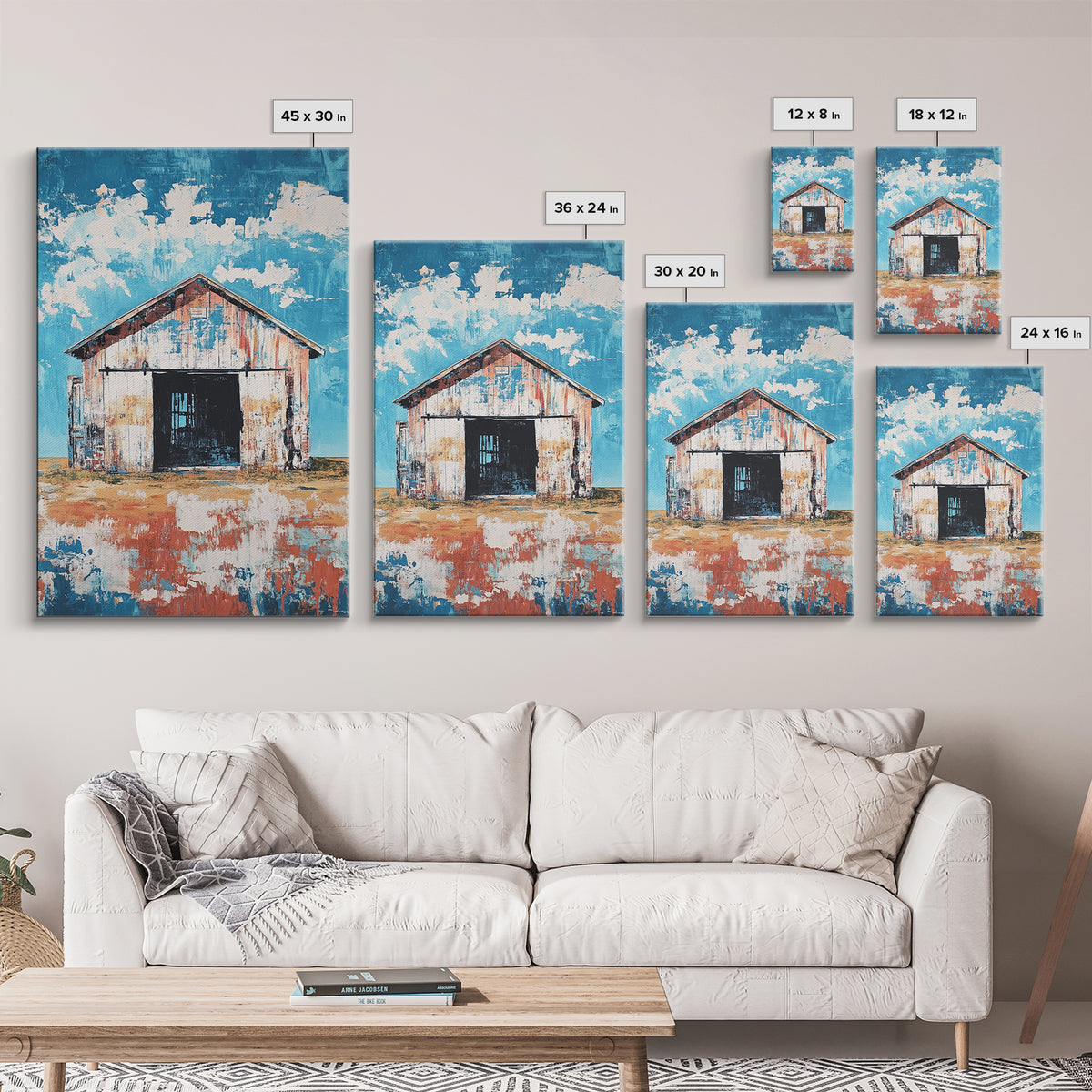 Rustic Barn, farmhouse art, landscape painting, blue and green wall art, extra wide art, panoramic art, Framed Canvas Print