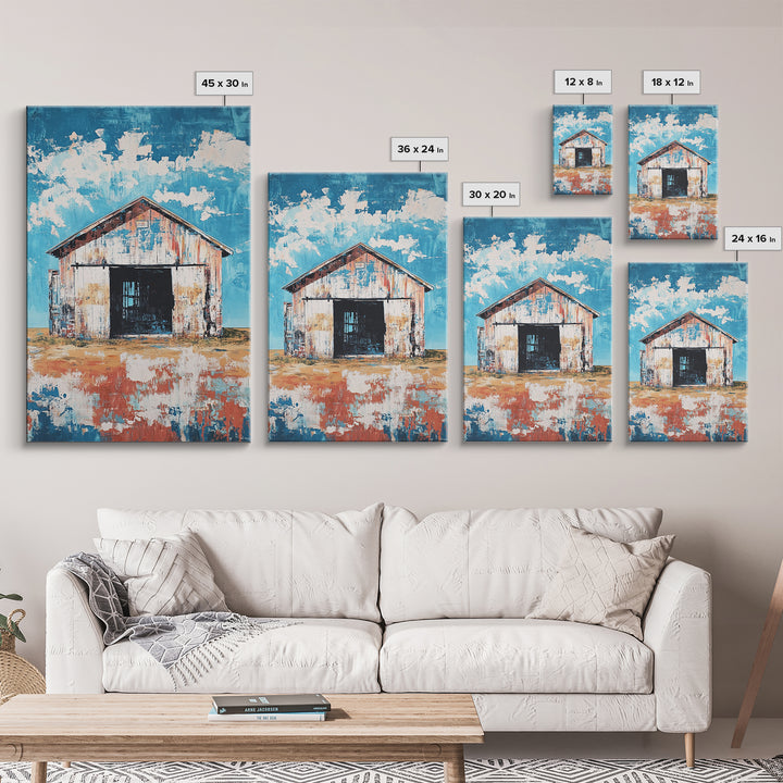 Rustic Barn, farmhouse art, landscape painting, blue and green wall art, extra wide art, panoramic art, Framed Canvas Print