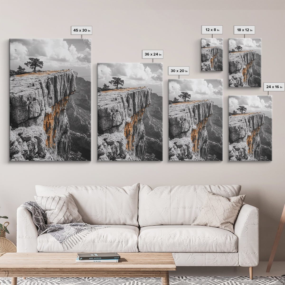 Cliffside View, Mountain Painting, Pine Tree Art, Nature Wall Art, Landscape Painting, Rustic Art, Framed Canvas Print, Moody Art