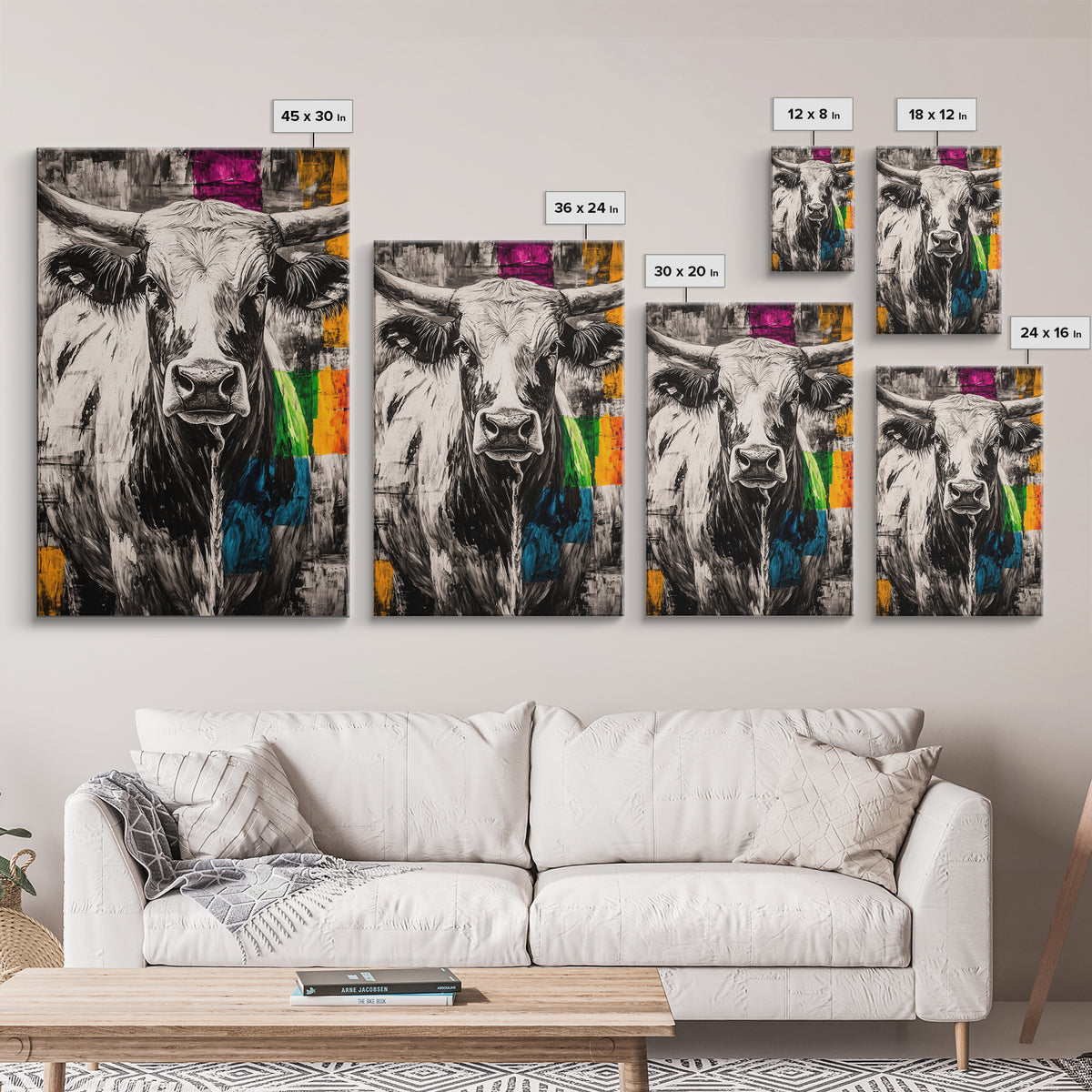 Black and White Cow, rustic art, farmhouse art, bull and bear art, southwest wall art, abstract animal painting, Framed Canvas Print