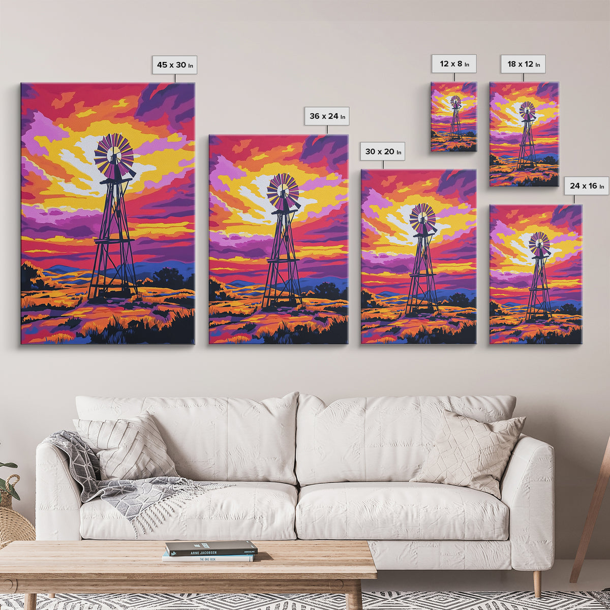 Vibrant Windmill Sunset, pink orange wall art, windmill wall art, rustic art, farmhouse art, canvas print, above couch art, gift idea for her