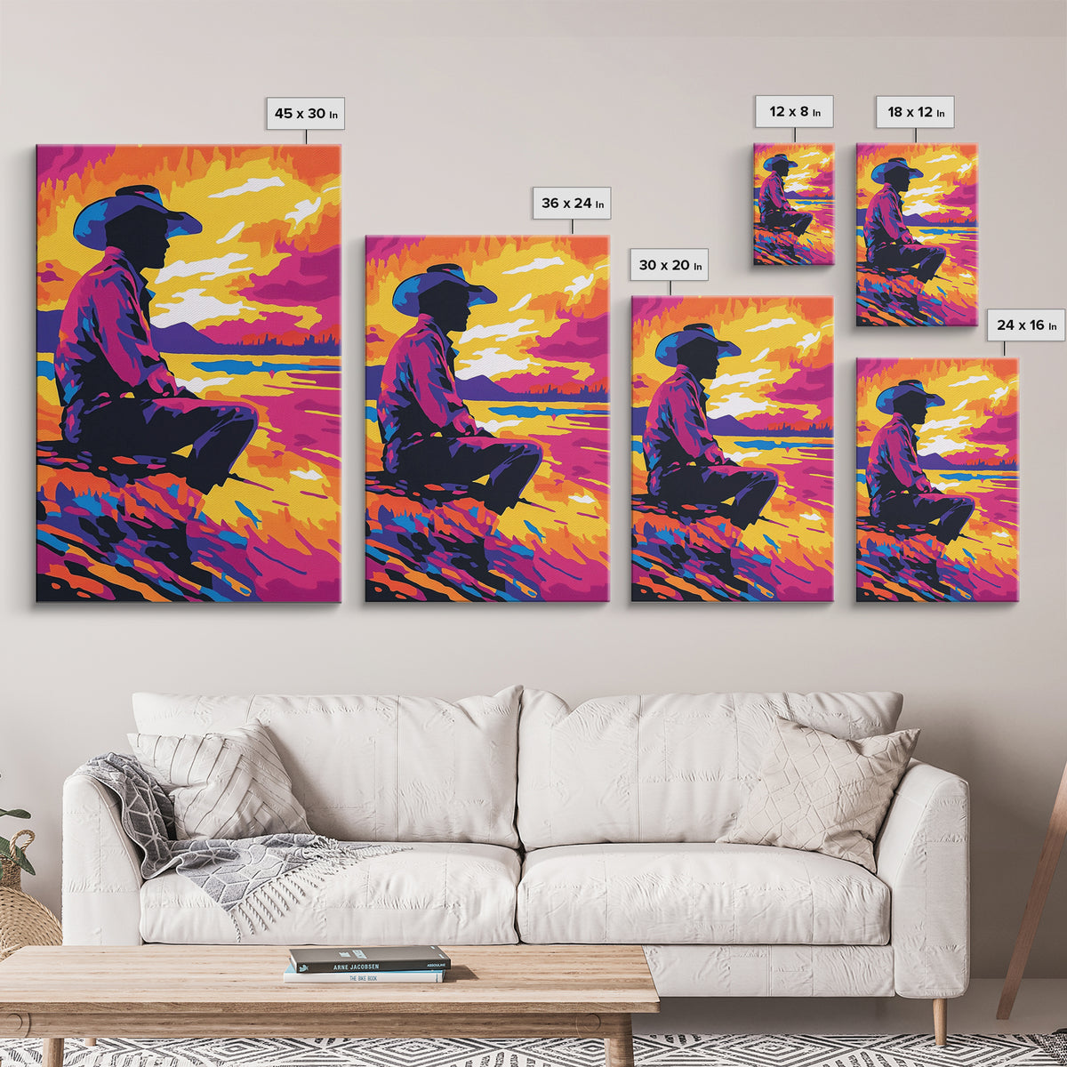 Cowboy Silhouette Sunset, southwest wall art, rustic decor, boho art, western art, pink orange wall art, canvas print, gift idea for him