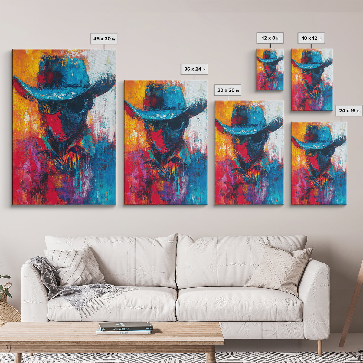 Abstract Cowboy Portrait, southwest wall art, rustic art, boho art, western art, lofi art, framed canvas print, gift idea for him