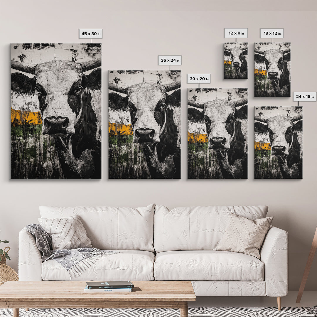 Black and White Bull, bull and bear art, rustic wall art, farmhouse art, moody art, framed canvas print, above couch art, gift idea for him