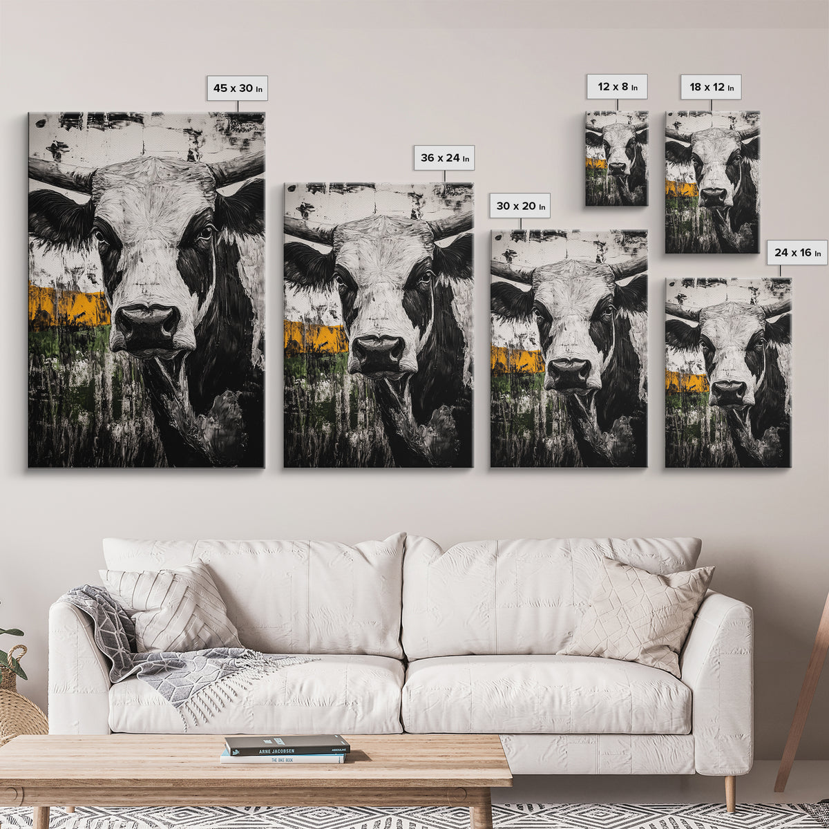 Black and White Bull, bull and bear art, rustic wall art, farmhouse art, moody art, framed canvas print, above couch art, gift idea for him