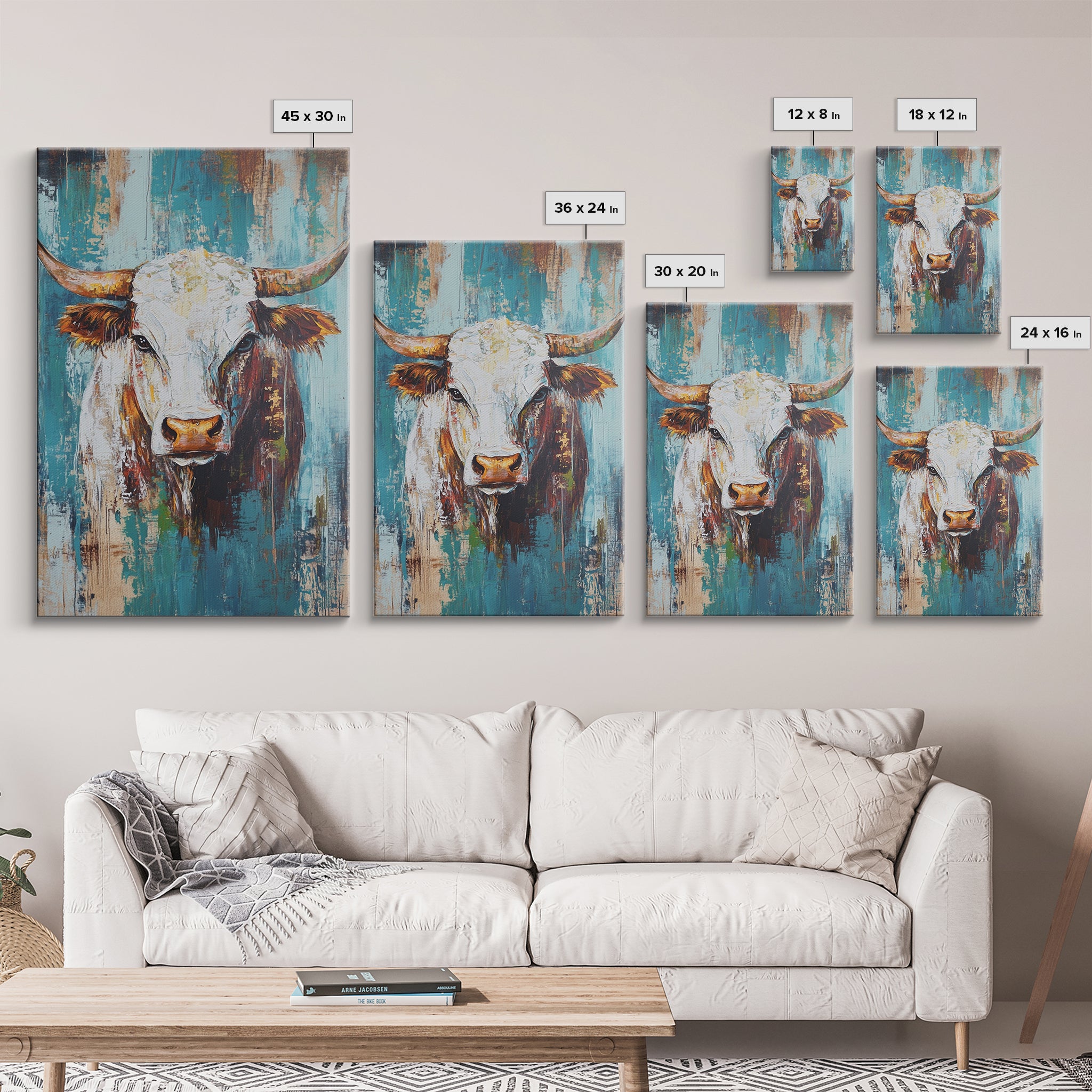 Rustic Cow Portrait, farmhouse art, rustic wall art, blue and green wall art, textured oil painting, canvas print, gift idea, wabi sabi art