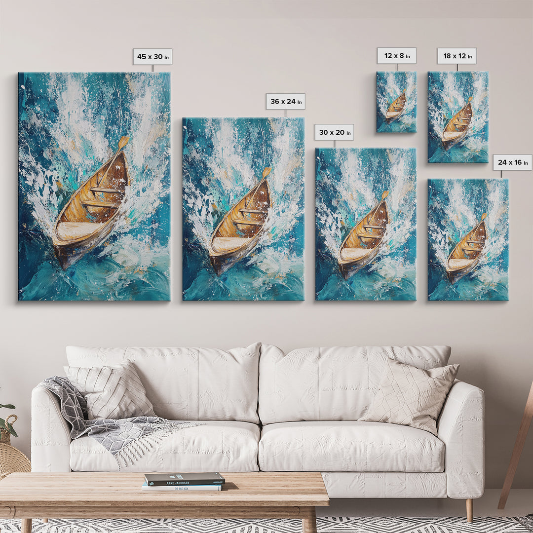 Wooden Boat in Waves, nautical painting, coastal decor, ocean waves art, seascape painting, framed canvas print, living room art, rustic art